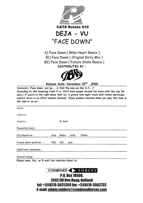 Deja-Vu : Face Down (12", Ltd, Promo)