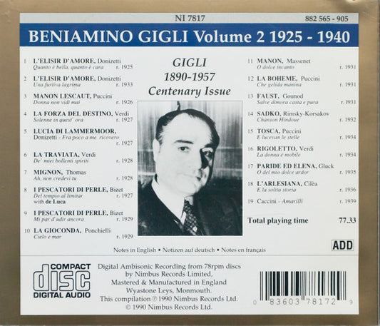 Beniamino Gigli : Gigli, Volume 2 1925-1940 (CD, Comp)