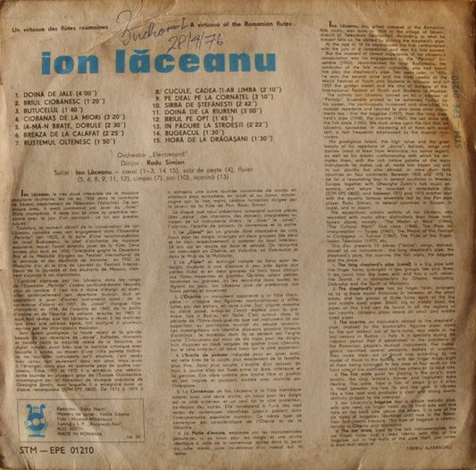 Ion Lăceanu : Un Virtuose Des Flûtes Roumaines / A Virtuoso Of The Romanian Flutes (LP, Album)