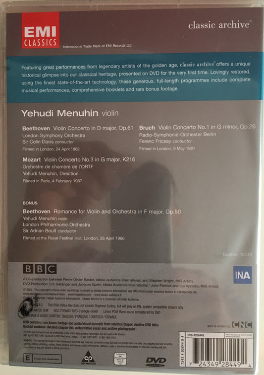 Yehudi Menuhin - Ludwig van Beethoven, Wolfgang Amadeus Mozart, Max Bruch : Violin Concerto In D Major, Violin Concerto No.3 In G Major, Violin Concerto No.1 In G Minor (DVD-V, Comp, Mono, Copy Prot., PAL)