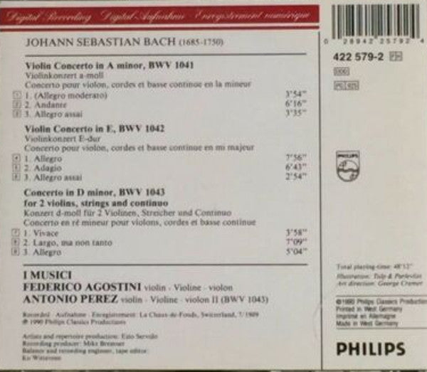 Johann Sebastian Bach - I Musici, Federico Agostini, Antonio Perez (13) : Violin Concertos BWV 1041-1043 (CD, Album)