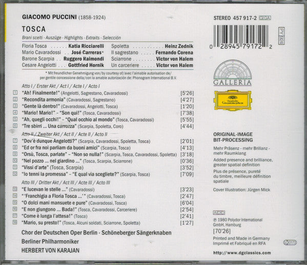 Giacomo Puccini - Katia Ricciarelli • José Carreras • Ruggero Raimondi • Berliner Philharmoniker • Herbert von Karajan : Tosca (Highlights) (CD, Album, RE, RM)