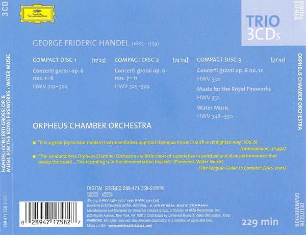 Georg Friedrich Händel - Orpheus Chamber Orchestra : Concerti Grossi Op. 6 • Water Music • Music For The Royal Fireworks (3xCD, Comp)