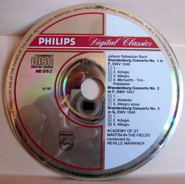 Johann Sebastian Bach – Henryk Szeryng, Heinz Holliger, Carl Pini, Michala Petri, André Bernard, The Academy Of St. Martin-in-the-Fields, Sir Neville Marriner : The Brandenburg Concertos Nos. 1, 2 & 3 = Die Brandenburgischen Konzerte = Les Concertos Brandebourgeois (CD, Album)