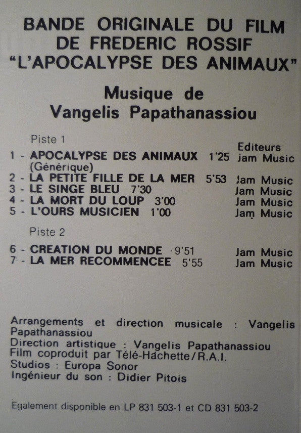 Evangelos Papathanassiou : L'Apocalypse Des Animaux (Cass, Album, RE)