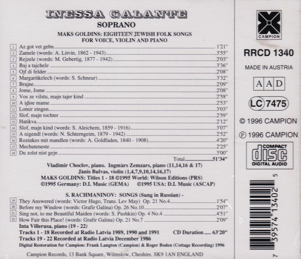Inese Galante : Inessa Galante: Eighteen Jewish Folk Songs (CD, Album)