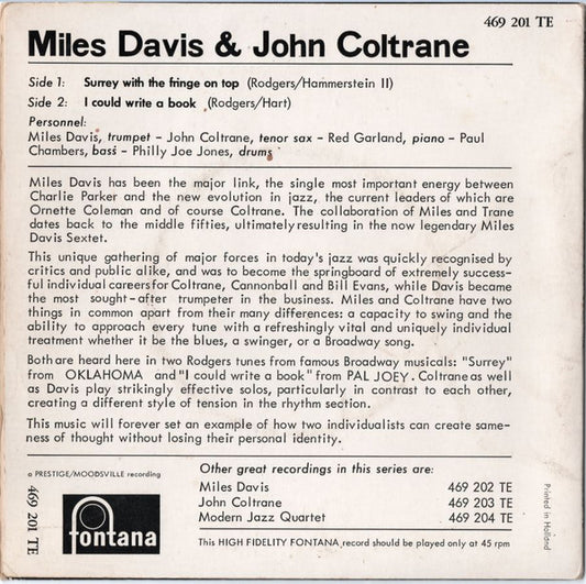Miles Davis & John Coltrane : Surrey With The Fringe On Top / If I Could Write A Book (7", Mono)