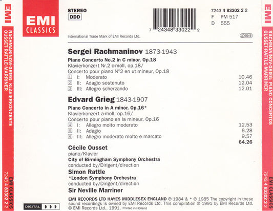 Edvard Grieg, Sergei Vasilyevich Rachmaninoff - Cécile Ousset, London Symphony Orchestra, Sir Neville Marriner, City Of Birmingham Symphony Orchestra, Sir Simon Rattle : Piano Concertos (CD, Comp)