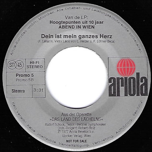 Renate Holm / Rudolf Schock : Van De LP: Hoogtepunten Uit 10 Jaar Abend In Wien (7", Single, Promo)