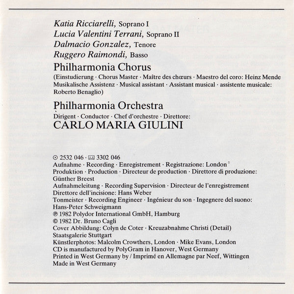 Gioacchino Rossini - Katia Ricciarelli • Lucia Valentini Terrani • Dalmacio Gonzalez • Ruggero Raimondi, Philharmonia Orchestra & Philharmonia Chorus, Carlo Maria Giulini : Stabat Mater (CD)