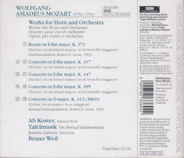 Wolfgang Amadeus Mozart - Ab Koster, Tafelmusik Baroque Orchestra, Bruno Weil : Rondo & Horn Concertos (CD)