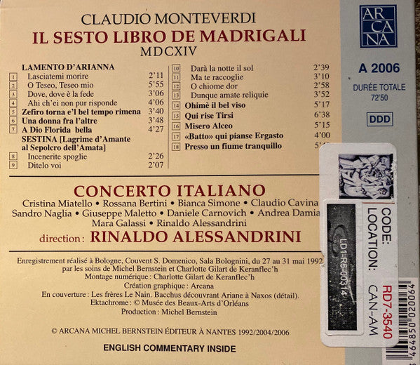 Claudio Monteverdi, Concerto Italiano, Rinaldo Alessandrini : Il Sesto Libro De Madrigali MDCXIV (CD, Album, RE)