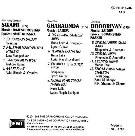 Rajesh Roshan, Jaidev : Swami/ Gharaonda / Doooriyan (CD, Comp)