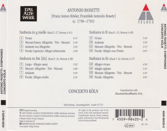 Antonio Rosetti, Concerto Köln : Symphonies (CD)