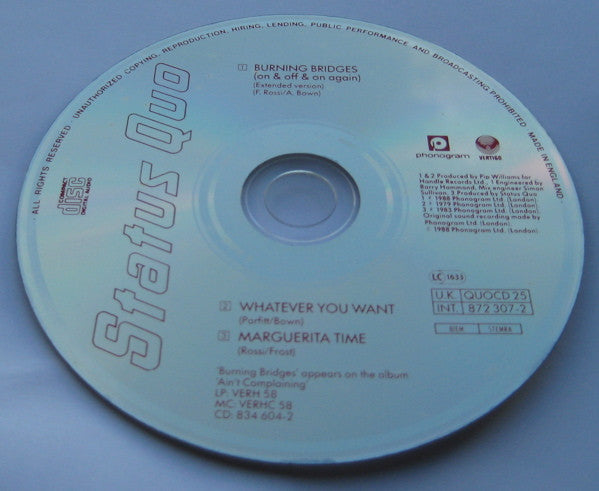 Status Quo : Burning Bridges (On And Off And On Again) (CD, Single)