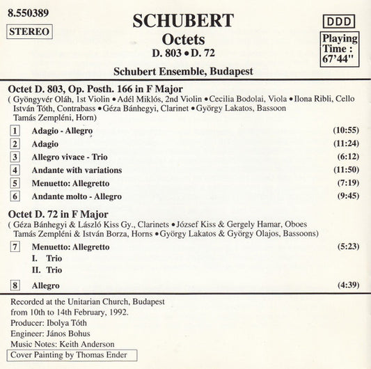 Franz Schubert, Schubert Ensemble, Budapest : Octet D. 803 For Strings, Clarinet, Bassoon And Horn - Octet D. 72 For Oboes, Clarinets, Bassoons And Horns (CD)