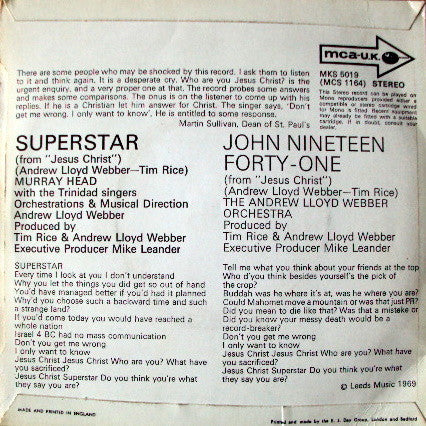 Murray Head With The Trinidad Singers / The Andrew Lloyd Webber Orchestra : Superstar / John Nineteen Forty-One (7", Single)