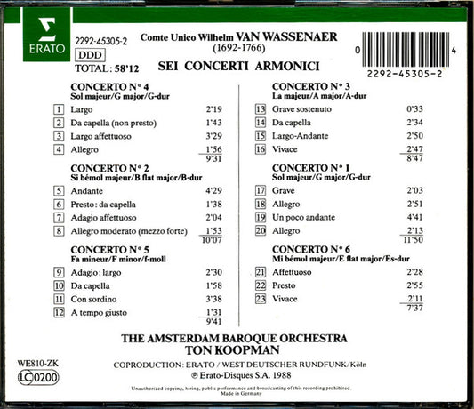 Unico Wilhelm Van Wassenaer - The Amsterdam Baroque Orchestra, Ton Koopman : 6 Concerti Armonici (CD, Album)