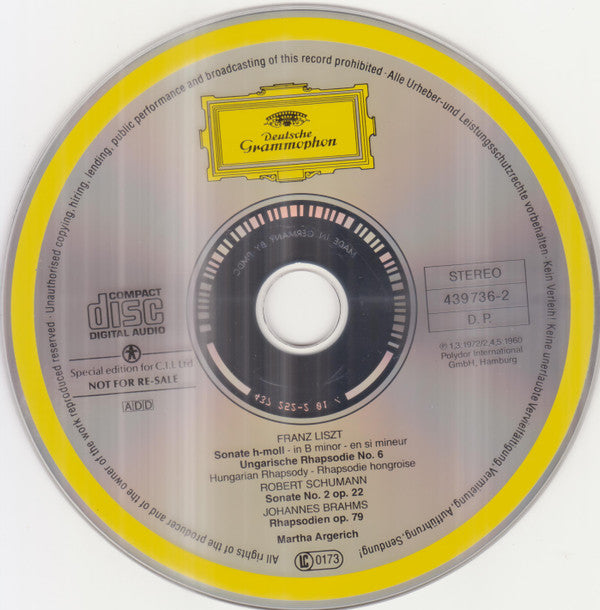 Franz Liszt : Robert Schumann : Johannes Brahms : Martha Argerich : Sonate H-Moll • In B Minor / Ungarische Rhapsodie • Hungarian Rhapsody No. 6 / Rhapsodien Op. 79 (CD, Comp, RE, RM, S/Edition)
