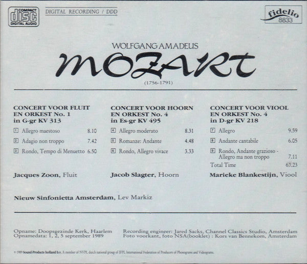 Wolfgang Amadeus Mozart, Marieke Blankestijn, Jacques Zoon, Jacob Slagter, Nieuw Sinfonietta Amsterdam, Lev Markiz : Vioolconcert No. 4 / Fluitconcert No. 1 / Hoornconcert No. 4 (CD)