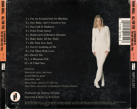Diana Krall : All For You (A Dedication To The Nat King Cole Trio) (CD, Album, RE, Dig)