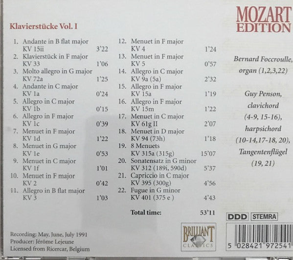 Wolfgang Amadeus Mozart : Klavierstücke Vol. I (CD)
