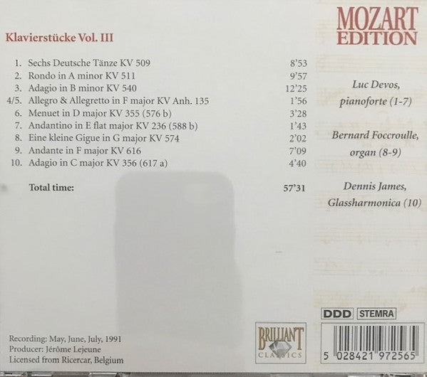 Wolfgang Amadeus Mozart : Klavierstücke Vol. III (CD)