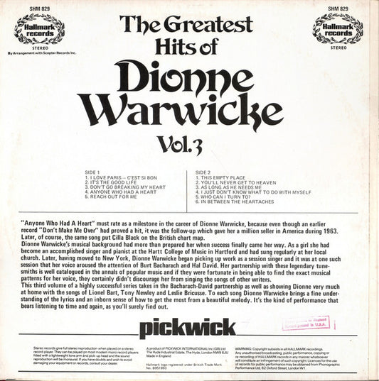 Dionne Warwick : The Greatest Hits Of Dionne Warwicke Vol. 3 (LP, Comp)