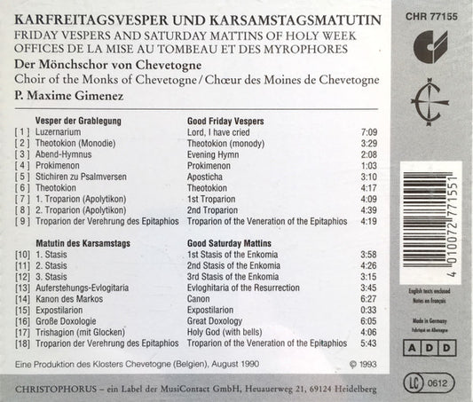 Monastère Bénédictin Chevetogne, Maxime Gimenez : Karfreitagsvesper Und Karsamstagsmatutin (Offices De La Mise Au Tombeau Et Des Myrophores) (CD, Album)