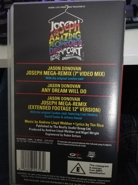 Jason Donovan With The Original London Cast From Andrew Lloyd Webber, Tim Rice : Joseph Mega-Remix - Andrew Lloyd Webber's New Production Of: Joseph And The Amazing Technicolor Dreamcoat (VHS, PAL)