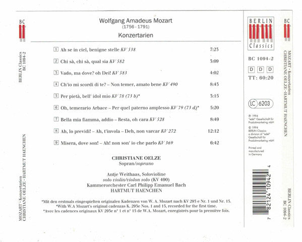 Christiane Oelze, Kammerorchester Carl Philipp Emanuel Bach, Hartmut Haenchen : Wolfgang Amadeus Mozart: Konzertarien · Concert Arias (CD, Album)