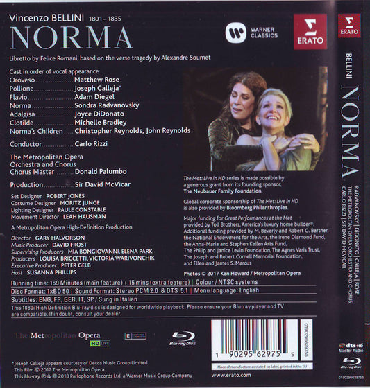 Vincenzo Bellini, Sondra Radvanovsky, Joyce DiDonato, Joseph Calleja, Matthew Rose (3), The Metropolitan Opera House Orchestra And Metropolitan Opera Chorus, Carlo Rizzi : Norma (Blu-ray)