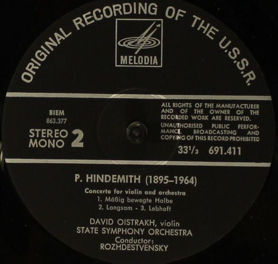 Béla Bartók, Paul Hindemith, David Oistrach, Russian State Symphony Orchestra, Большой Симфонический Оркестр Всесоюзного Радио, Gennadi Rozhdestvensky : Concerto For Violin And Orchestra No.1/ Concerto For Violin And Orchestra (LP, Gat)