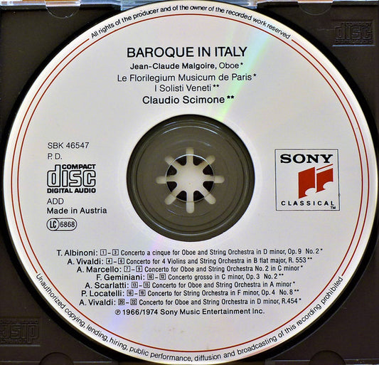 Tomaso Albinoni · Alessandro Marcello · Francesco Geminiani · Alessandro Scarlatti · Pietro Antonio Locatelli · Antonio Vivaldi - Jean-Claude Malgoire · Florilegium Musicum De Paris · I Solisti Veneti · Claudio Scimone : Baroque In Italy (CD, Comp)