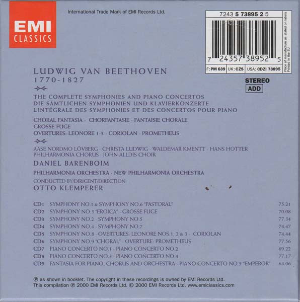 Ludwig van Beethoven - Daniel Barenboim, Otto Klemperer, Philharmonia Orchestra, New Philharmonia Orchestra : The Complete Symphonies And Piano Concertos (Box, Album, Comp + 9xCD, RM)