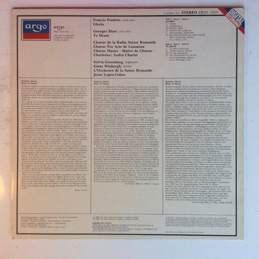 Francis Poulenc / Georges Bizet - Sylvia Greenberg • Gösta Winbergh, Chœur De La Radio Suisse Romande • Chœur Pro Arte De Lausanne, L'Orchestre De La Suisse Romande, Jesús López-Cobos : Gloria / Te Deum (LP)