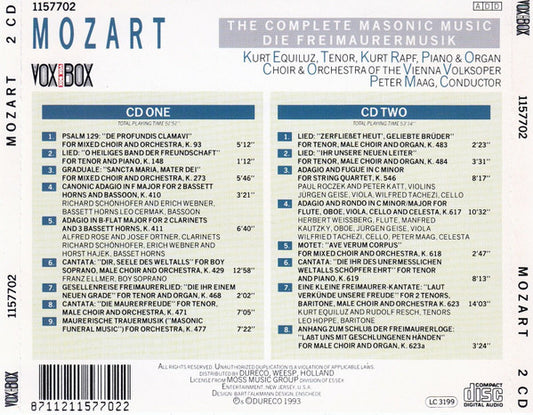 Wolfgang Amadeus Mozart - Kurt Equiluz, Kurt Rapf, Wiener Volksopernorchester, Chor Der Wiener Volksoper, Peter Maag : The Complete Masonic Music - Die Freimaurermusik (2xCD, Album)