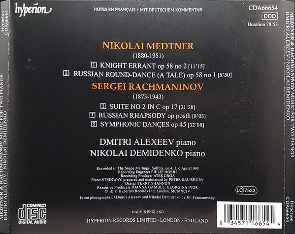 Nikolai Medtner, Sergei Vasilyevich Rachmaninoff, Dmitri Alexeev, Nikolai Demidenko : Music For Two Pianos (CD, Album)