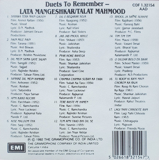 Lata Mangeshkar, Talat Mahmood : Hits To Remember (CD, Comp)