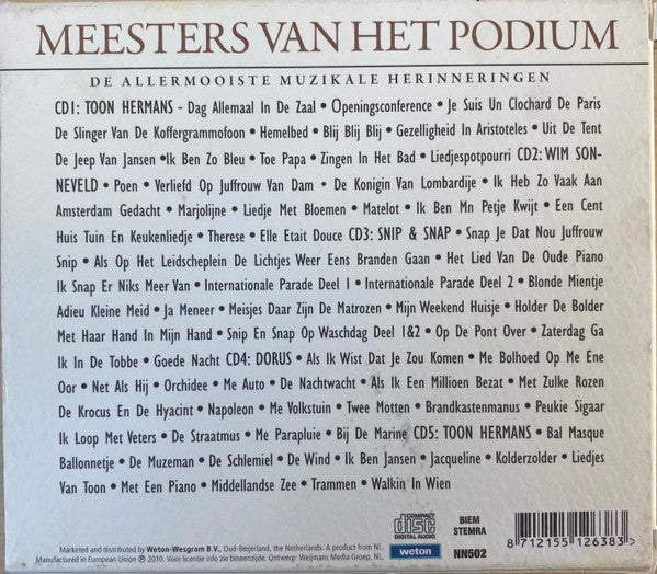 Various, Toon Hermans, Wim Sonneveld, Snip & Snap, Dorus : Meesters Van Het Podium (5xCD, Comp)