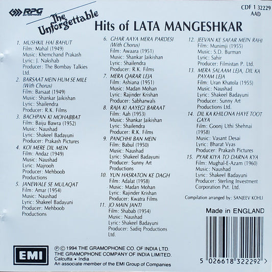 Lata Mangeshkar : The Unforgettable Hits of Lata Mangeshkar (CD, Comp)