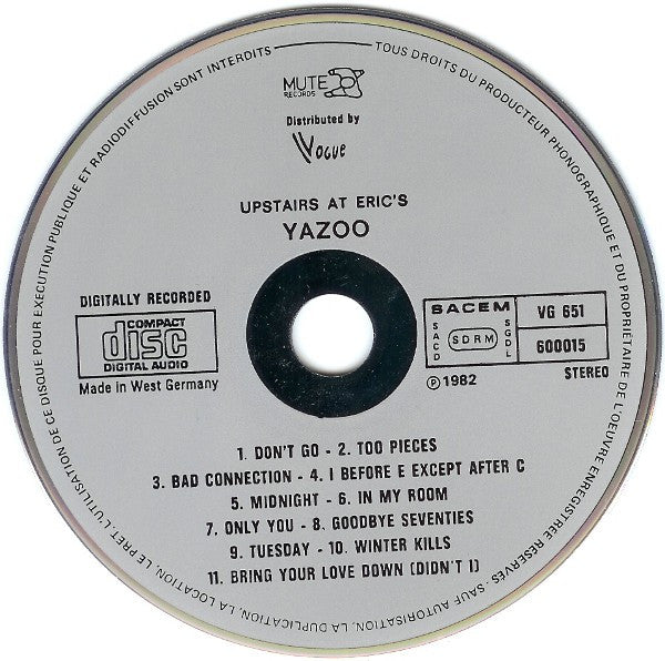 Yazoo : Upstairs At Eric's (CD, Album, Gre)