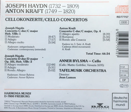 Joseph Haydn / Antonín Kraft - Anner Bylsma, Tafelmusik Baroque Orchestra, Jeanne Lamon : Cello Concertos (CD)