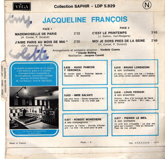 Jacqueline François : Mademoiselle De Paris (7", EP)