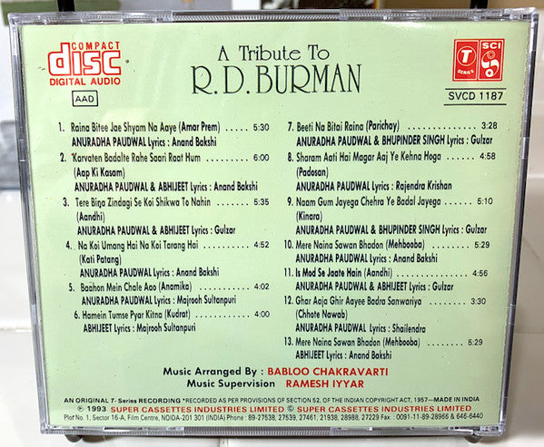 Anuradha Paudwal, Bhupinder Singh, Abhijeet : A Tribute To R.D. Burman (CD, Album)