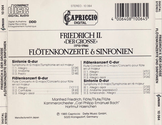 Friedrich der Grosse, Manfred Friedrich, Reinhart Vogel, Kammerorchester Carl Philipp Emanuel Bach, Hartmut Haenchen : Flötenkonzerte & Sinfonien (CD, Comp)