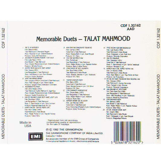 Talat Mahmood : Memorable Duets (CD, Comp)