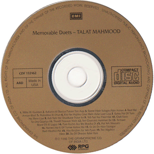 Talat Mahmood : Memorable Duets (CD, Comp)