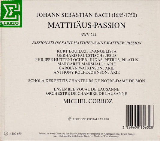 Johann Sebastian Bach - Margaret Marshall, Carolyn Watkinson, Kurt Equiluz, Gerhard Faulstich, Anthony Rolfe Johnson, Philippe Huttenlocher, Ensemble Vocal De Lausanne & Orchestre De Chambre De Lausanne, Michel Corboz : Matthäus-Passion = Passion Selon Satin-Matthieu = Saint Matthew Passion (3xCD + Box, RE)