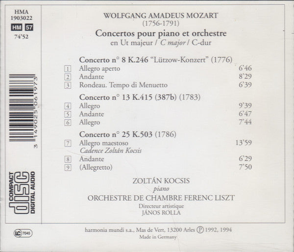 Wolfgang Amadeus Mozart, Zoltán Kocsis, Liszt Ferenc Chamber Orchestra : Concertos Pour Piano No. 8, 13, 25 (CD, Album, RE)